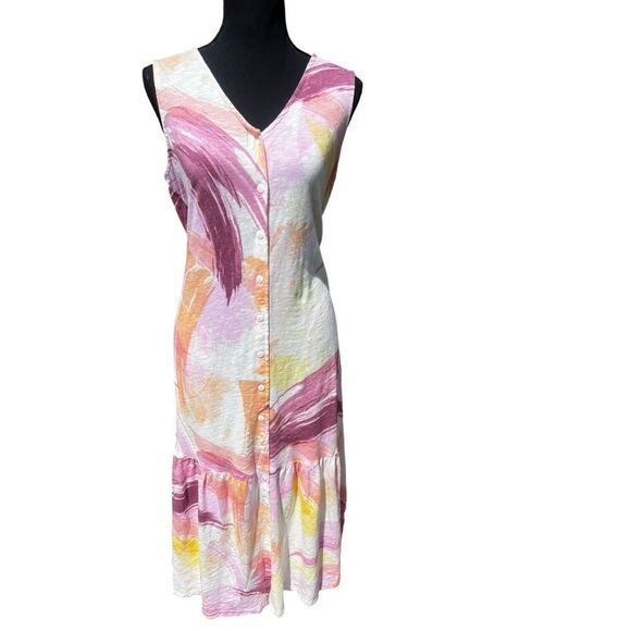 Denim & Co Naturals multicolor linen blend midi sleeveless button up dress M - Picture 2 of 9